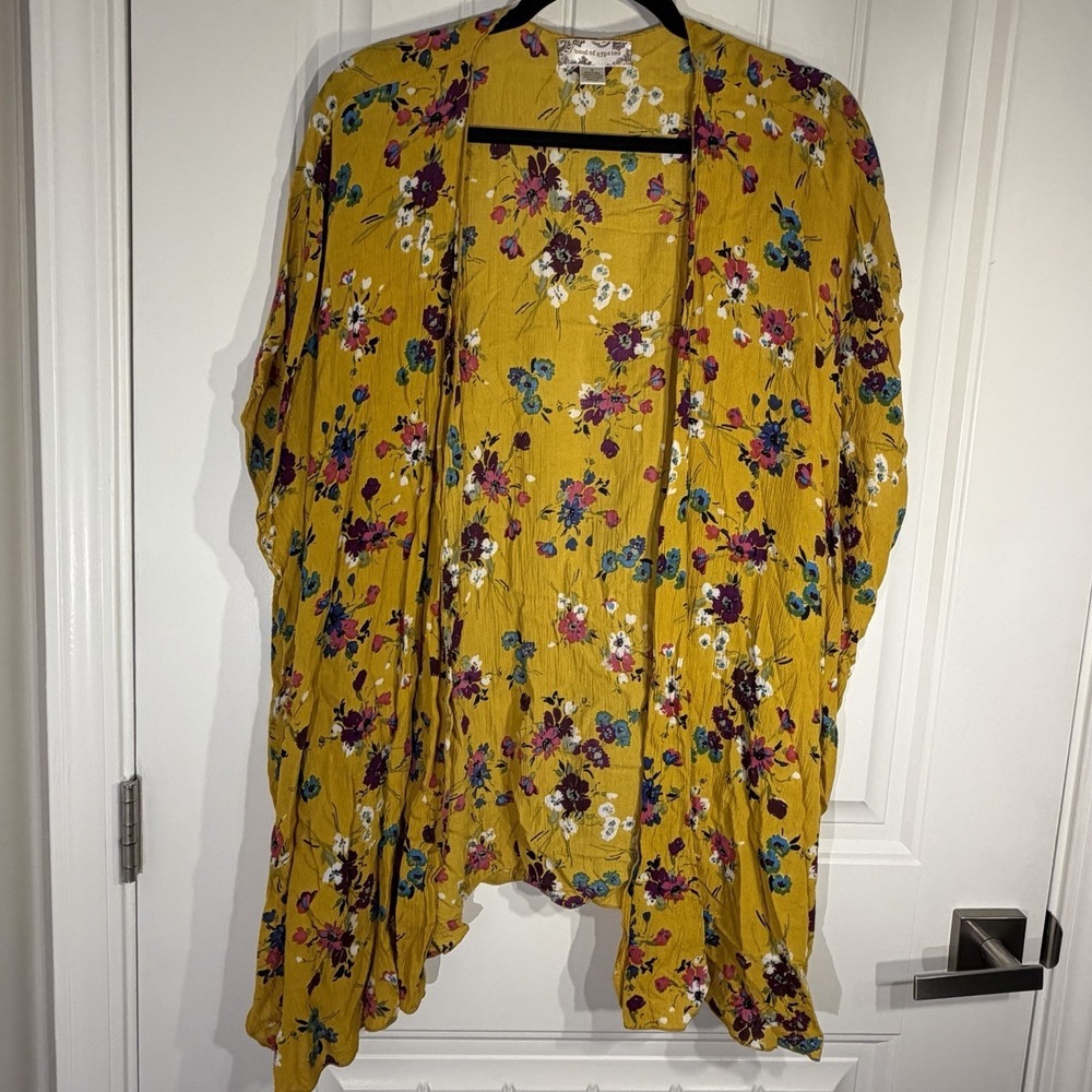 Band of‎ Gypsies Mustard Floral Boho Open Front Kimono Cardigan Small